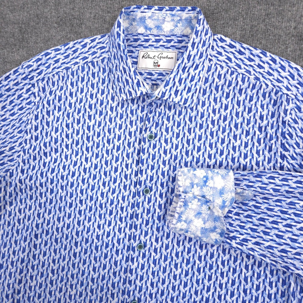 Robert Graham Shirt Mens 2XL Blue Geometric Linen Blend Flip Cuff Classic Fitâ